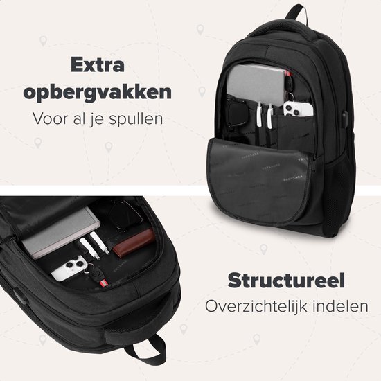 Interieur van een zwarte rugzak, met vakken voor laptop, telefoon, pennen en zonnebril.