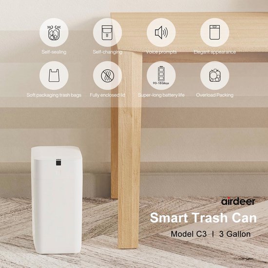 Smart Prullenbak, 12L Capaciteit, Werkt op Batterijen, Bewegingssensor, Automatische Inductie, voor Slaapkamer Badkamer Keuken