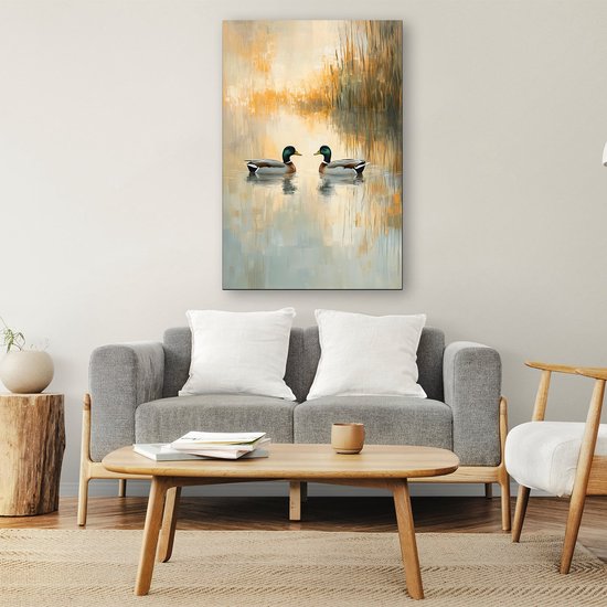 Deux canards sur un étang - Toile de peinture de canards - Peintures animalières - Impressionnisme - Décoration intérieure - Décoration murale de chambre - toile 80x120 cm