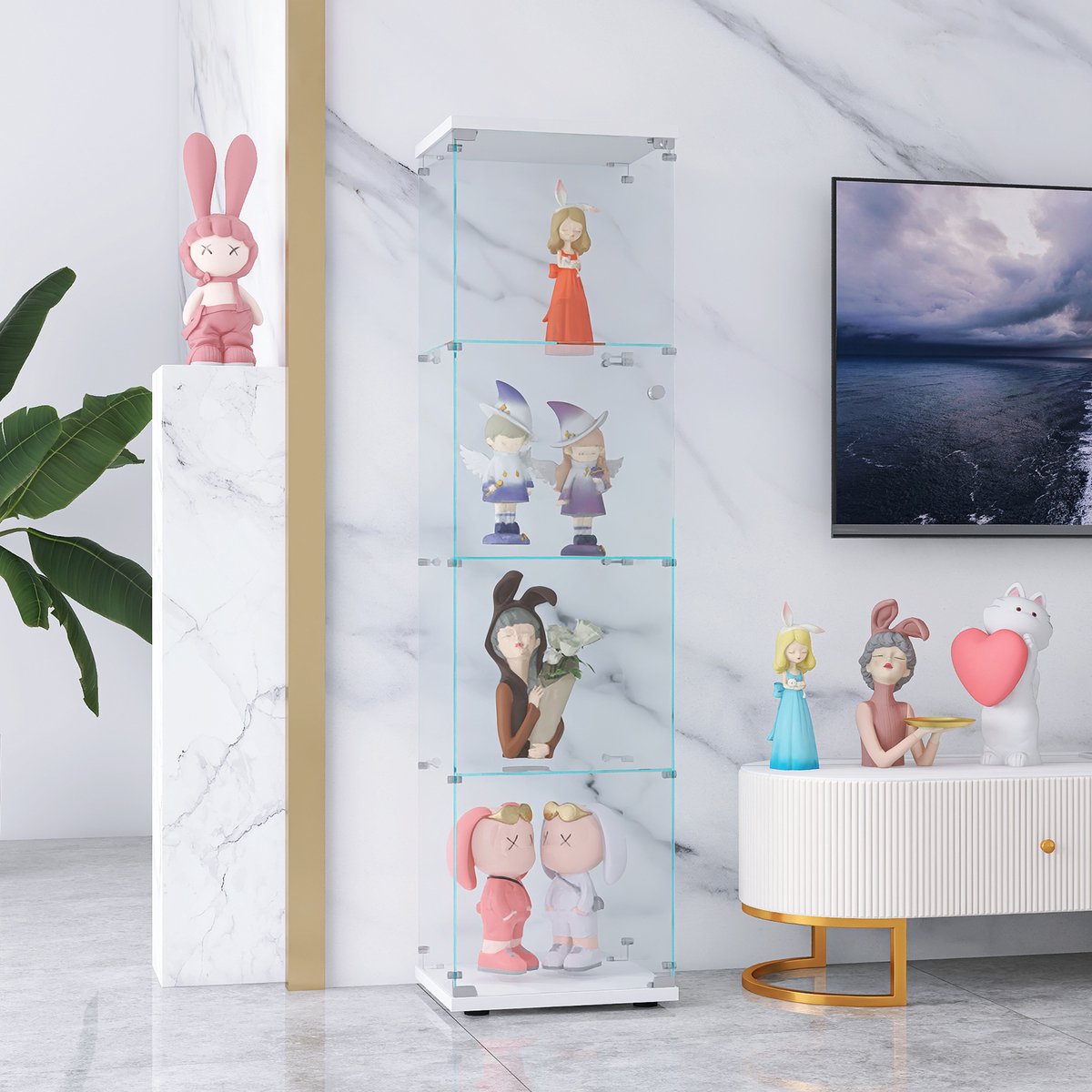 Glazen Vitrine, Moderne Vitrinekast met 4 glazen planken, Verzamelvitrine voor de Bar, de Kamer, 164 x 42,5 x 36,5 cm, Wit
