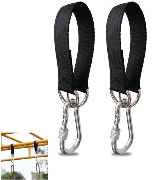 Foto: 2 stuks ophangriem hangende riem boomschommel riemen ophang set zwarte riem met karabijnhaak connector voor hangmat bokszak schommelstoel stoel sportschoolstang handvat kabel buiten 50 cm zwart