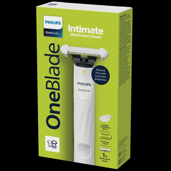 Philips OneBlade Intimate SkinProtect scherder met witte handgreep, scheerhoofd en 3mm opzetkam.