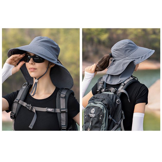 Chapeau de soleil femme et homme - Chapeau de jardin pliable - Large bord avec rabat pour le cou - Avec mentonnière - Pour Plein air et le Jardinage - Gris foncé - 1 pièce