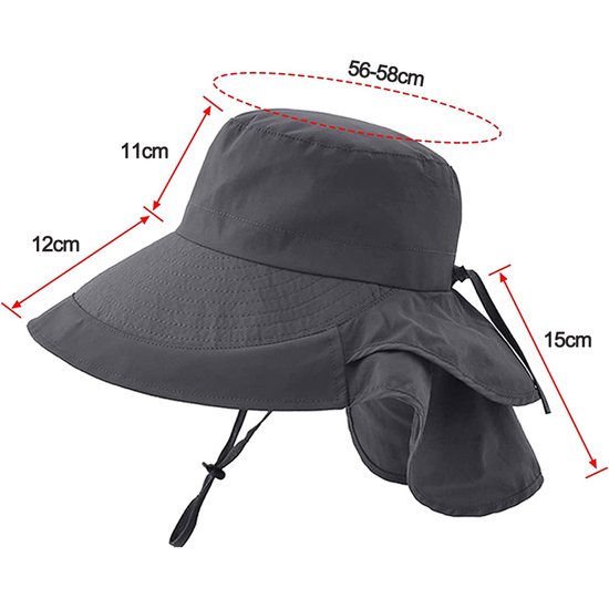 Chapeau de soleil femme et homme - Chapeau de jardin pliable - Large bord avec rabat pour le cou - Avec mentonnière - Pour Plein air et le Jardinage - Gris foncé - 1 pièce