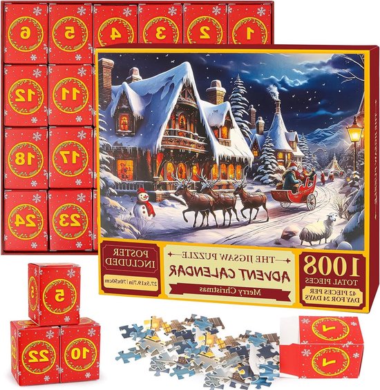 Adventskalender puzzel voor volwassenen en kinderen, 24 dozen met 1008 puzzelstukjes voor de kerstrug, adventskalender, kerstdecoratie voor binnen