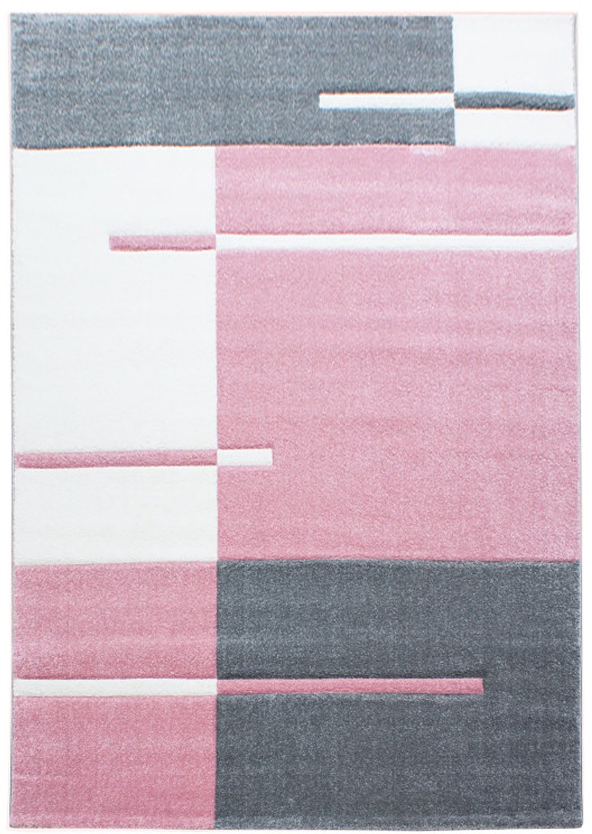 Ayyildiz Kortpolig vloerkleed, geruit patroon, roze, woonkamerkleed, jute achterkant, afmeting: 280 x 370 cm