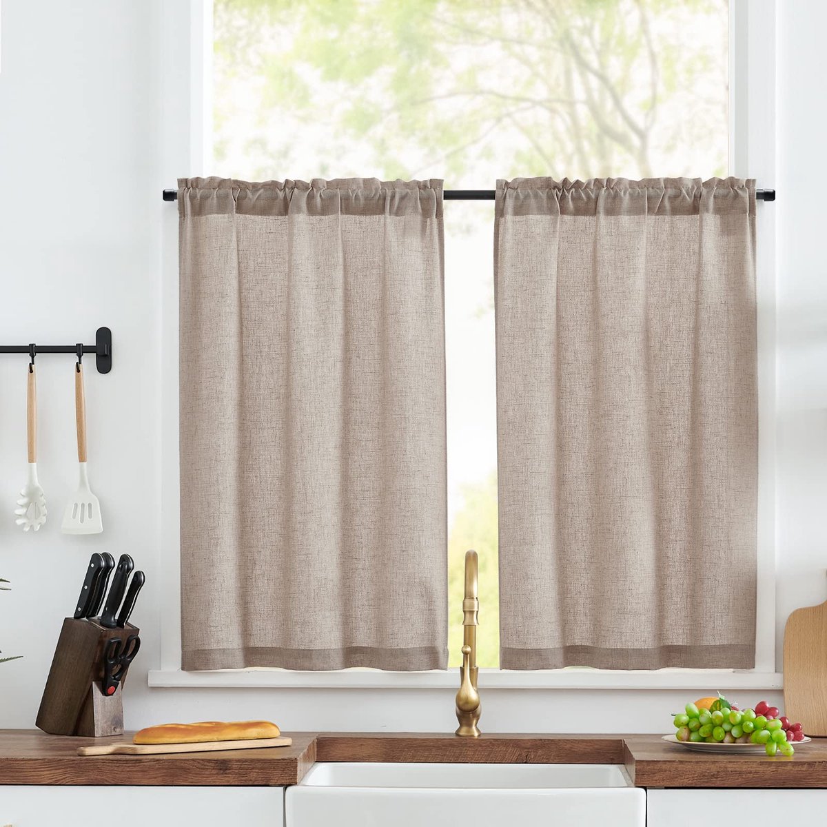 Ibenzoa® Elegante Linnenlook Vitrage Gordijnen Set voor Keuken en Balkon, Semi-Transparant, 65 x 90 cm, 2 Stuks