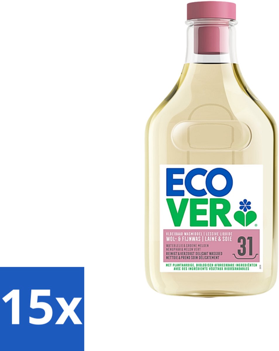 Ecover Vloeibaar Wasmiddel Wol & Fijn Was - Waterlelie & Groene Meloen 31 Wasbeurten 1,43 liter - Bulkverpakking - 15 stuks