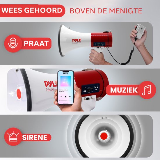 Pyle Bluetooth Megafoon met Sirene – 50W PA Draagbare Luidspreker met Verstelbaar Volume & 1100 m Bereik – Ideaal voor Buitensport, Veiligheidsoefeningen, Coaches & Cheerleaders