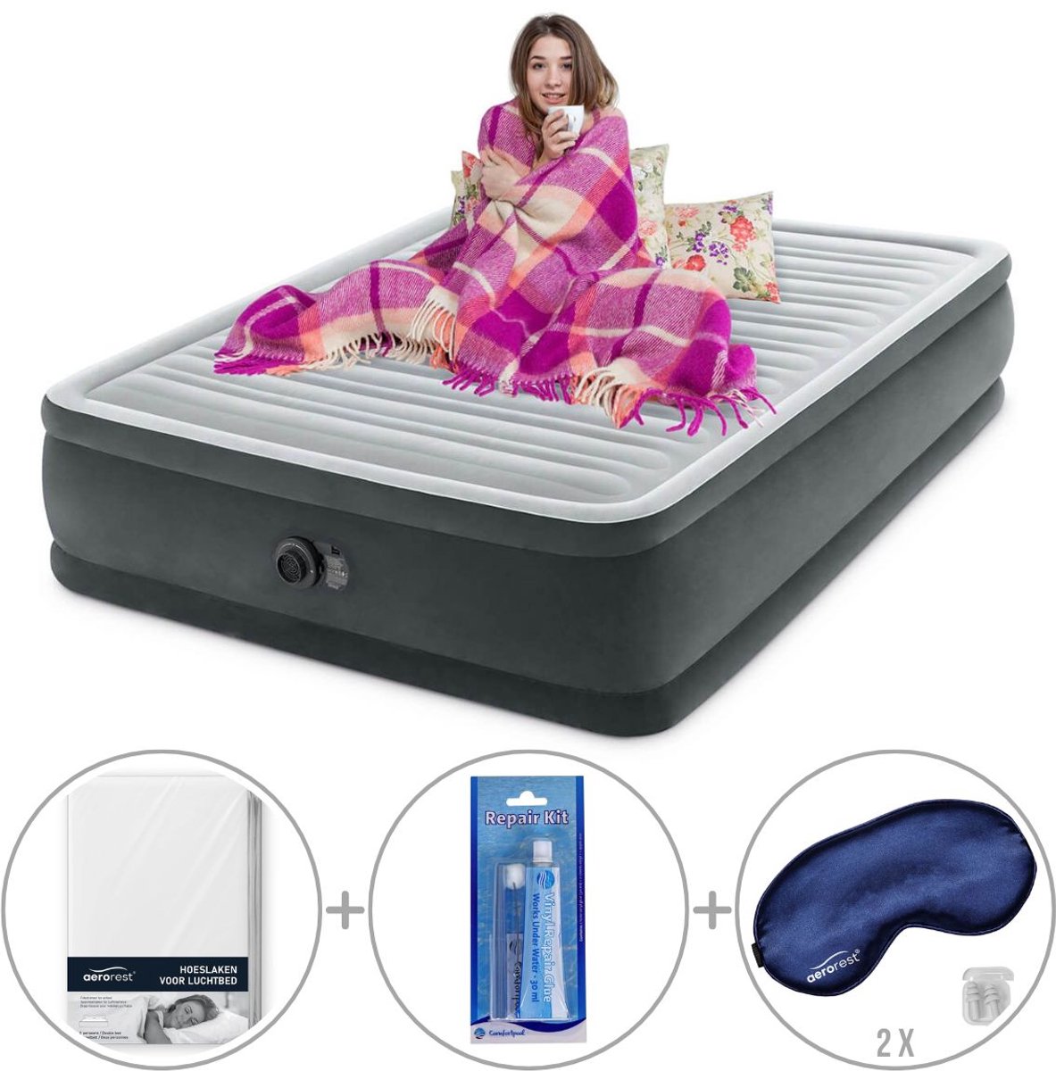 Intex Comfort Plush Elevated luchtbed met ingebouwde pomp | Tweepersoons | 203 x 152 x 46 cm | Inclusief bijpassend hoeslaken + reparatiekit + twee slaapmaskers