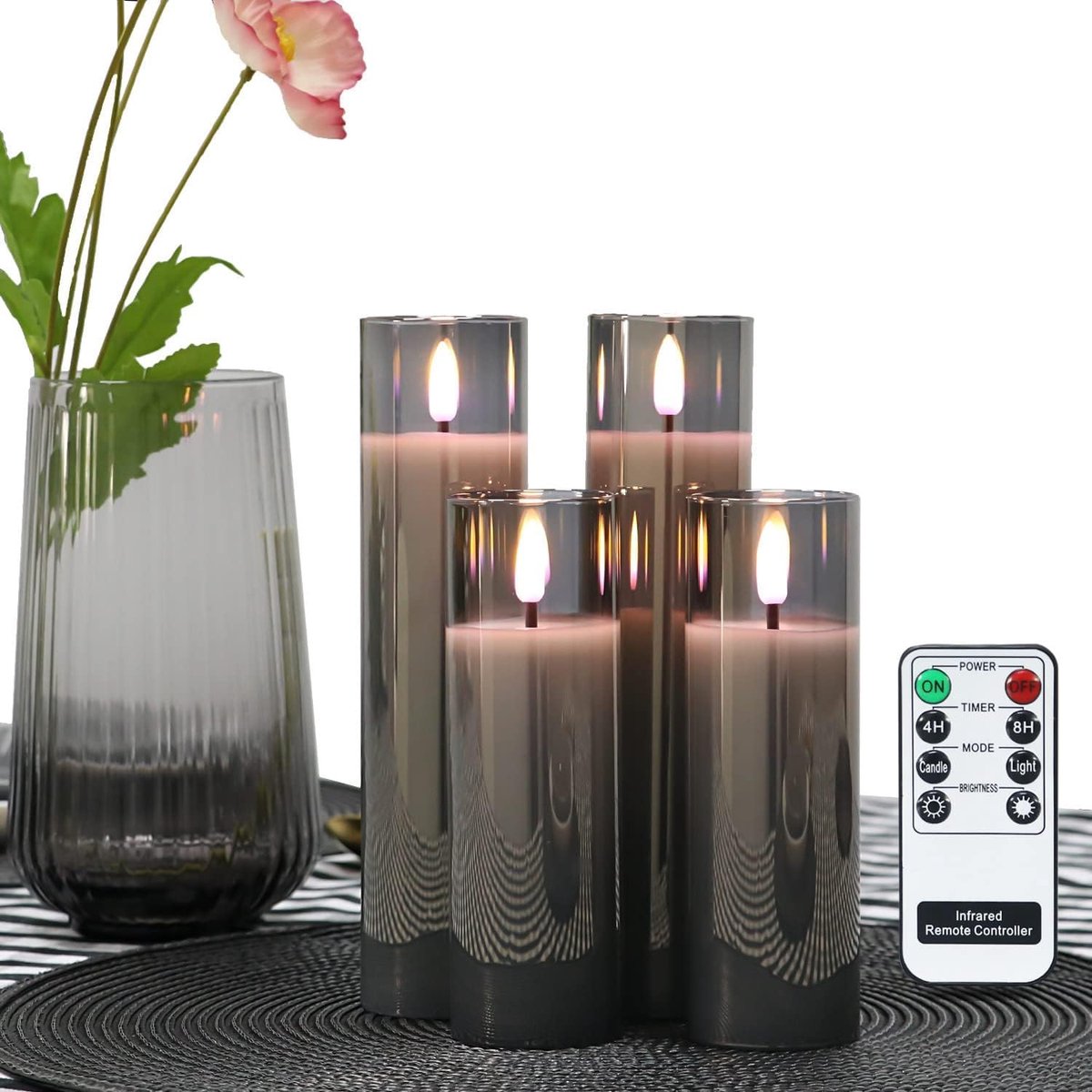 Vlamloze LED kaarsen in gerookt glas met afstandsbediening - Set van 4 - Warm wit licht - D 5 cm