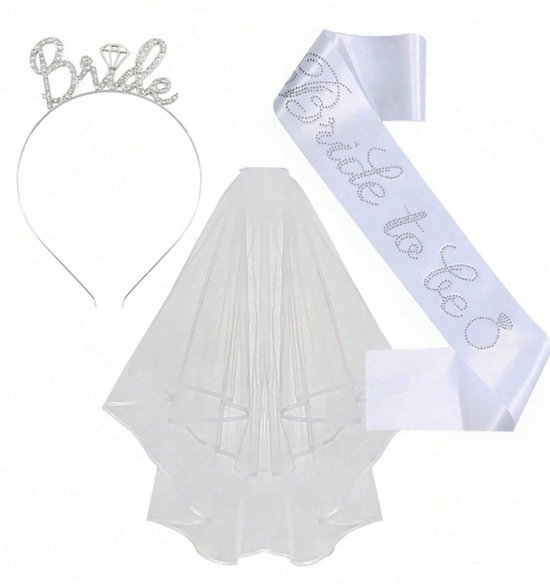 Bride to Be Accessoireset - Sluier, Haarband & Witte Satijnen Sjerp - Vrijgezellenfeest Decoratie - Bachelorette - Bruiloft
