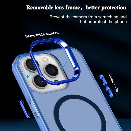 Doorzichtige blauwe telefoonhoes met afneembaar blauw frame rond de camera's.