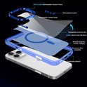 Exploded view van een doorzichtige blauwe telefoonhoes met blauw frame, die een iPhone omhult.