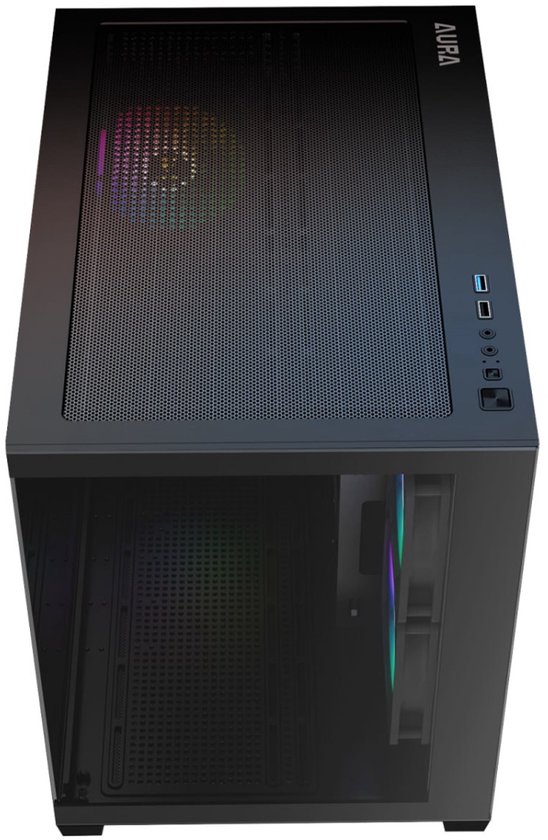 Zwarte midi-tower pc-behuizing met glazen zijpaneel, mesh-voorpaneel en ARGB-verlichting.