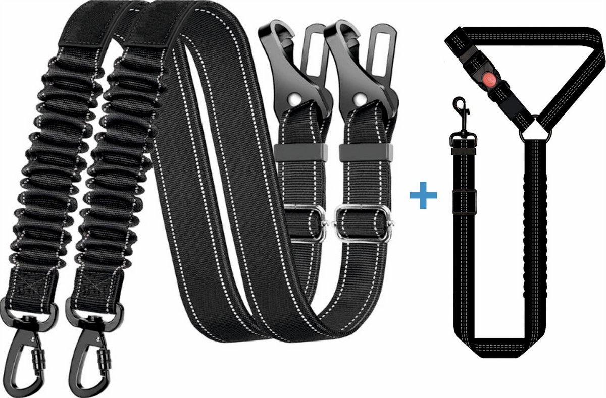KoningBen® Autogordel Hond – 3 Stuks - Inclusife 3 IN 1 Hondengordel – Luxe hondengordel - Autoriem - Hondenriem voor in de Auto - Schok Absorberend en Verstelbaar - Zwart