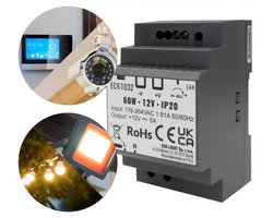 Voeding LED gemonteerd op rail DIN 60W 12V 5A 90,5x52x58,5 mm