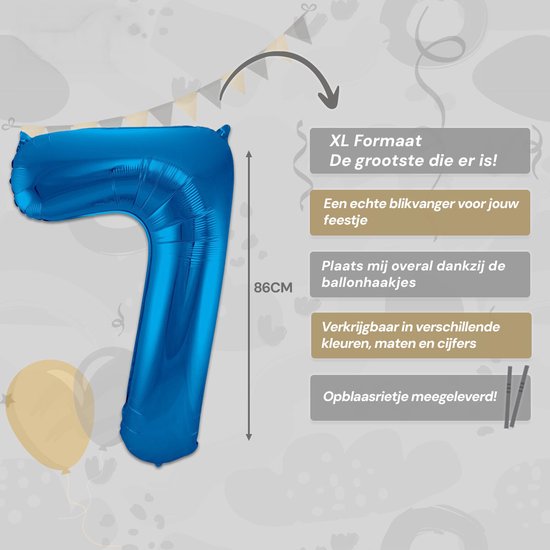 LUQ - Ballons Chiffrés - Ballon Chiffré 7 Ans - Couleur Blauw - XL Groot - Ballon à Hélium - Décoration Anniversaire