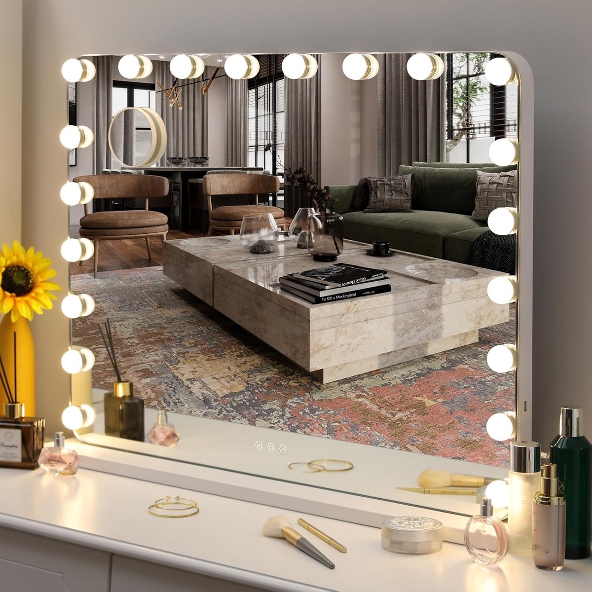 Verlichte Make-Up Spiegel 80x60 cm met 20 LED's en Touch Control – Wand en Tafel Spiegel met 3 Lichtkleuren