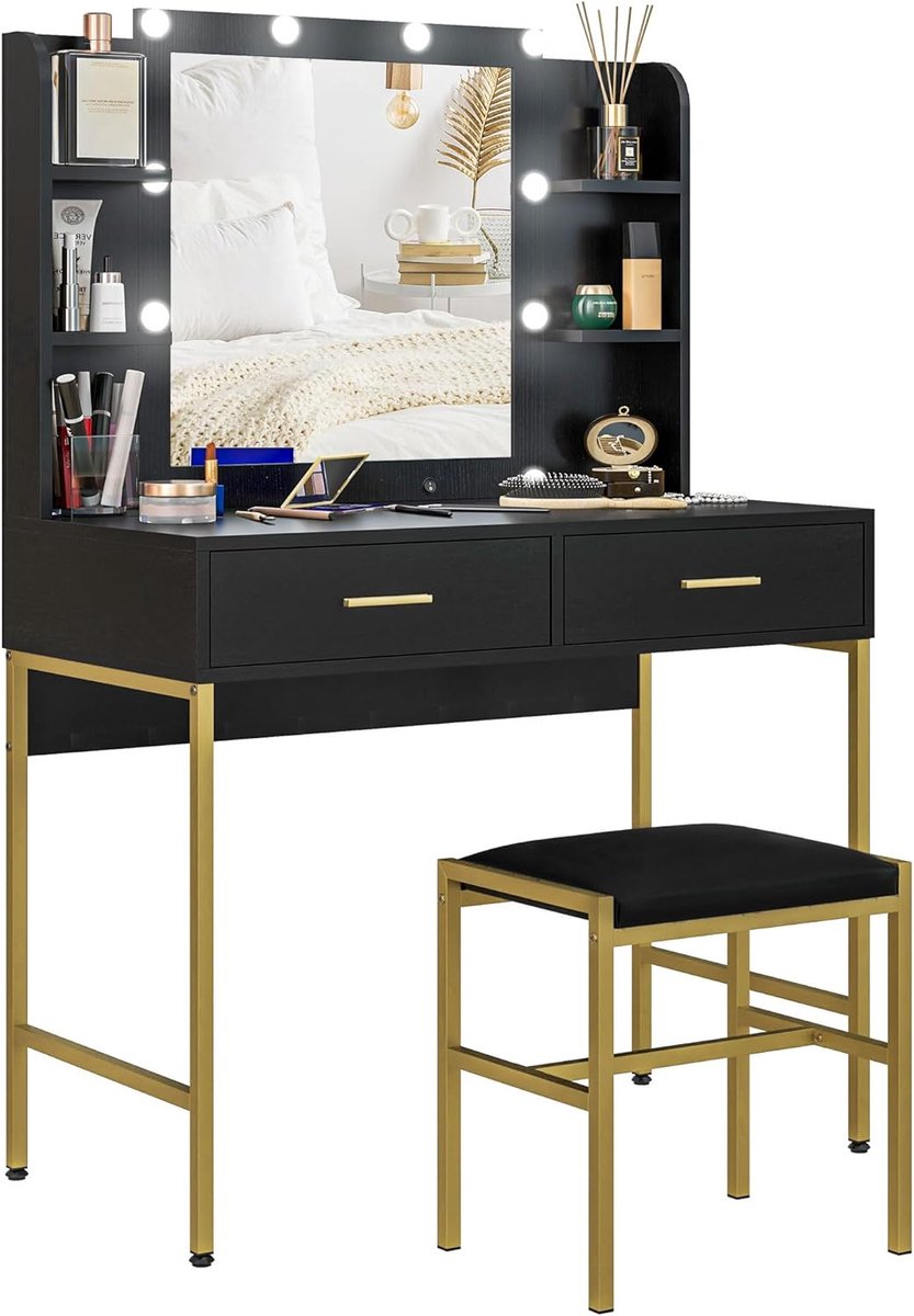 Make-uptafel met Kruk en Spiegel | Moderne Kaptafel met Verlichting | Zwart