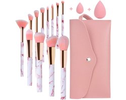 12-delige make-upborstelset met make-upspons en tas - Premium synthetische en natuurlijke haren voor perfecte applicatie