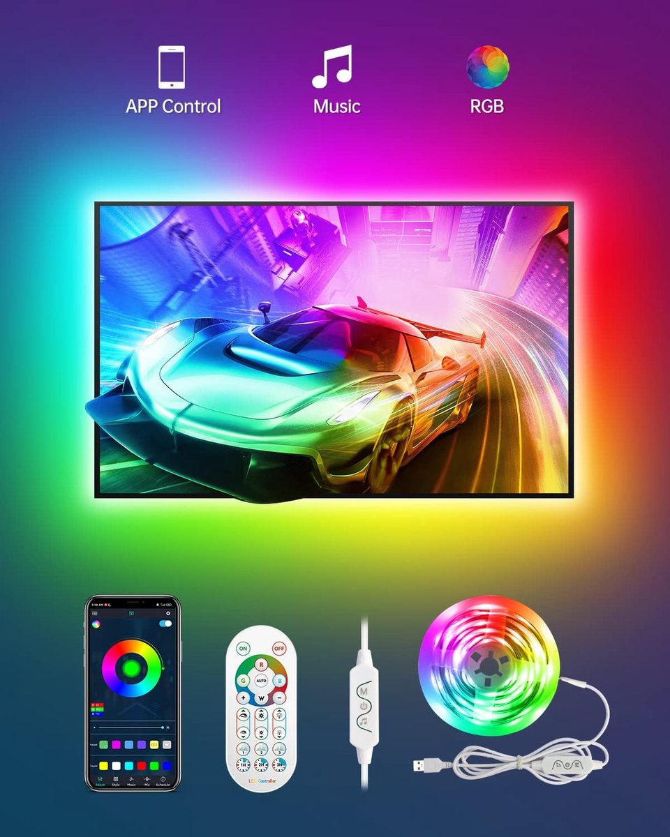 RGB TV Achtergrondverlichting 3m met Muzieksynchronisatie en Appbesturing voor 32-60 Inch Televisies