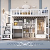 Merax Hoogslaper 90x200 cm met Bureau en Opbergruimte - Kinderbed met Kledingkast en Lade - Eenpersoonsbed - Massief Hout - Wit