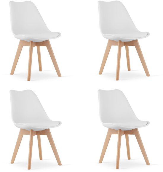 Set de 4 Chaises MARK – Wit, Pieds en hêtre, assise en plastique avec coussin en similicuir, Design épuré, ergonomique, convient pour la Cuisine, la salle à manger, la cantine et l'espace de travail, max. 120 kg