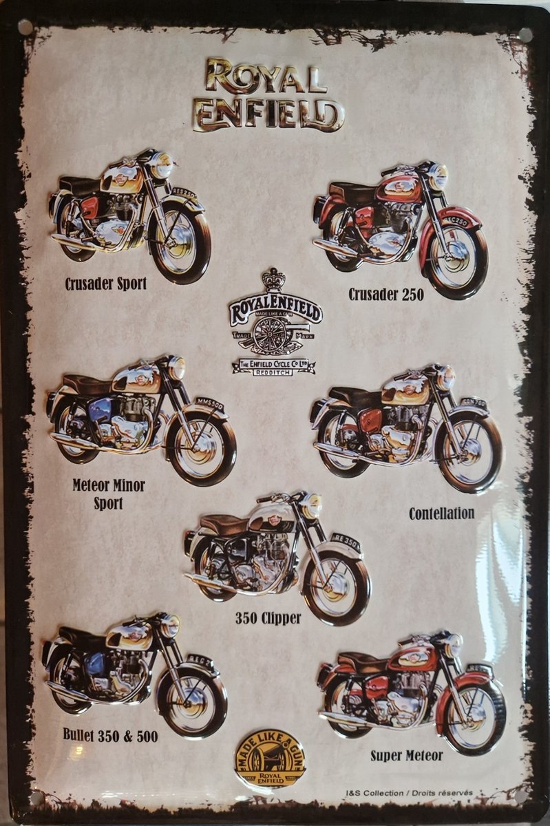 Royal Enfield Collage. Metalen wandbord in reliëf 20 x 30 cm.​