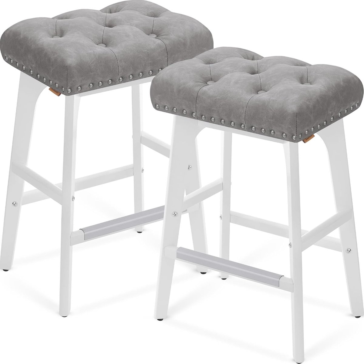 Furnstar - Barkruk set van 2 - Barstoel - Keukenstoel - Kunstleer met decoratieve knopen en nagels - Massief houten poten - 66 cm hoog - Huisbar en eetkamer - Eenvoudige montage - Duifgrijs - LBC085G01