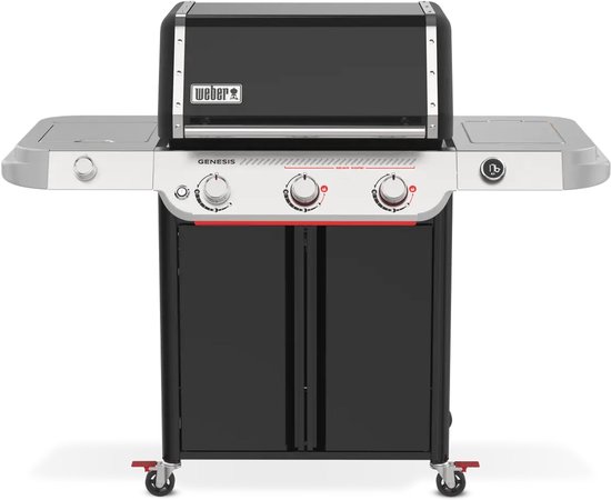 Zwarte Weber Genesis E-335W barbecue met roestvrijstalen accenten.
