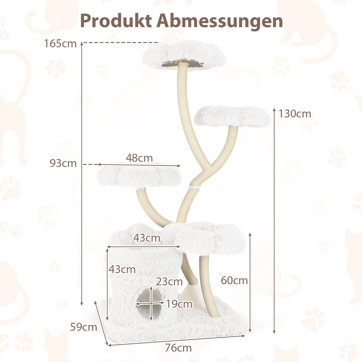 COSTWAY 165 cm krabpaal van hout, kattenboom met 4 warme ligvlakken, kattenmand en sisalstammen, klimboom, kattenkrabpaal groot, kattentoren met metalen frame, kattenmeubel voor katten – foto 4