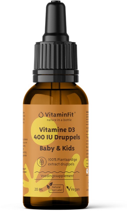 VitaminFit Vitamine D3 Baby & Kinder Druppels - 10 mcg/400 IU - 100% Natuurlijk & Plantaardig - Voor baby's vanaf 0 jr - 20 ml