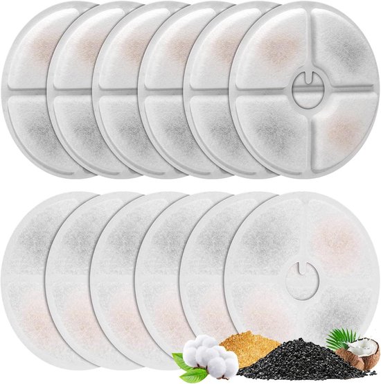 12 Vervangingsfilters Voor Kattenfontein – 3-laags, Actieve Kool + Hars, Voor 2L En 2,5L Drinkfontein