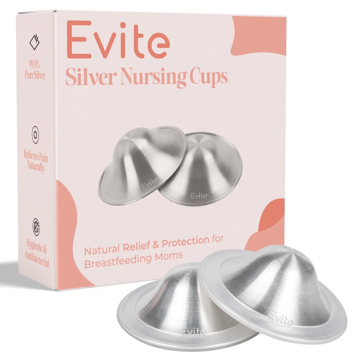 Evite Silver Nursing Cups - 999 Zilver - Inclusief Ringen & Opberghoesje - Zilveren Tepelkapjes - Tepelbeschermers - Large Size