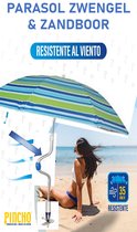Pincho - Mooie StrandParasol Aluminium Zwengel & Zandboor 180 cm - Licht Blauw - Donker Blauw - Groene Strepen - Draagtas - UV bescherming 99% - Kantelbaar -