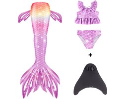 Joya Kids® Zeemeerminstaart met bikini met MONOVIN verkleed set Lila en Oranje | Staart met bijpassende bikini | Mermaid Staart | Prinsessen jurk | Zeemeermin Verkleedkleding meisje | Maat 110 | Incl MONOVIN