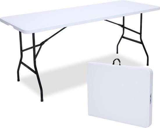 Witte klaptafel en een gevouwen versie ernaast, op een houten ondergrond.