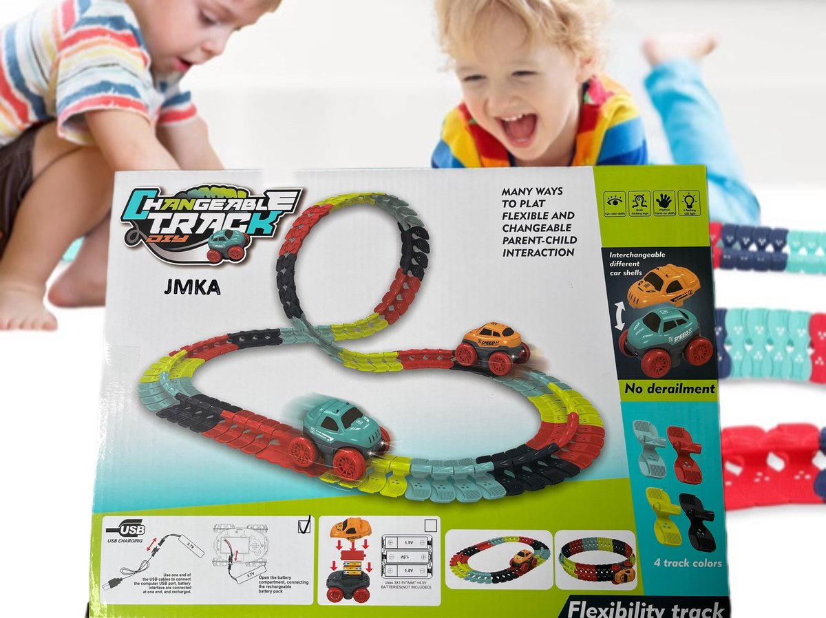JMKA Racebaan - Stuntauto's - Baanauto's - LED-verlichting - 92-delige race-doe-het-zelfset - Speelgoed voor 3-jarigen - Verjaardagscadeaus - Feestdagen cadeau — afbeelding 2