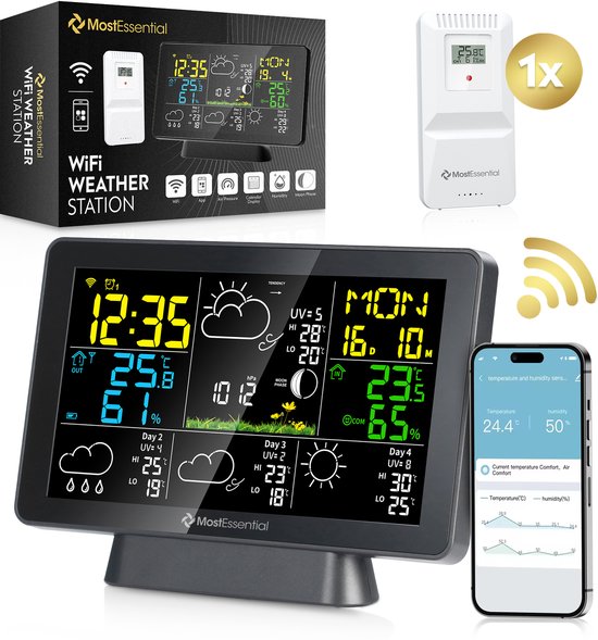 MostEssential Weerstation Wifi Edition - Draadloos Weerstation met Buitensensor - Hygrometer - Binnen en Buiten - 150 Meter Bereik - Inclusief App - Zwart - 1 sensor