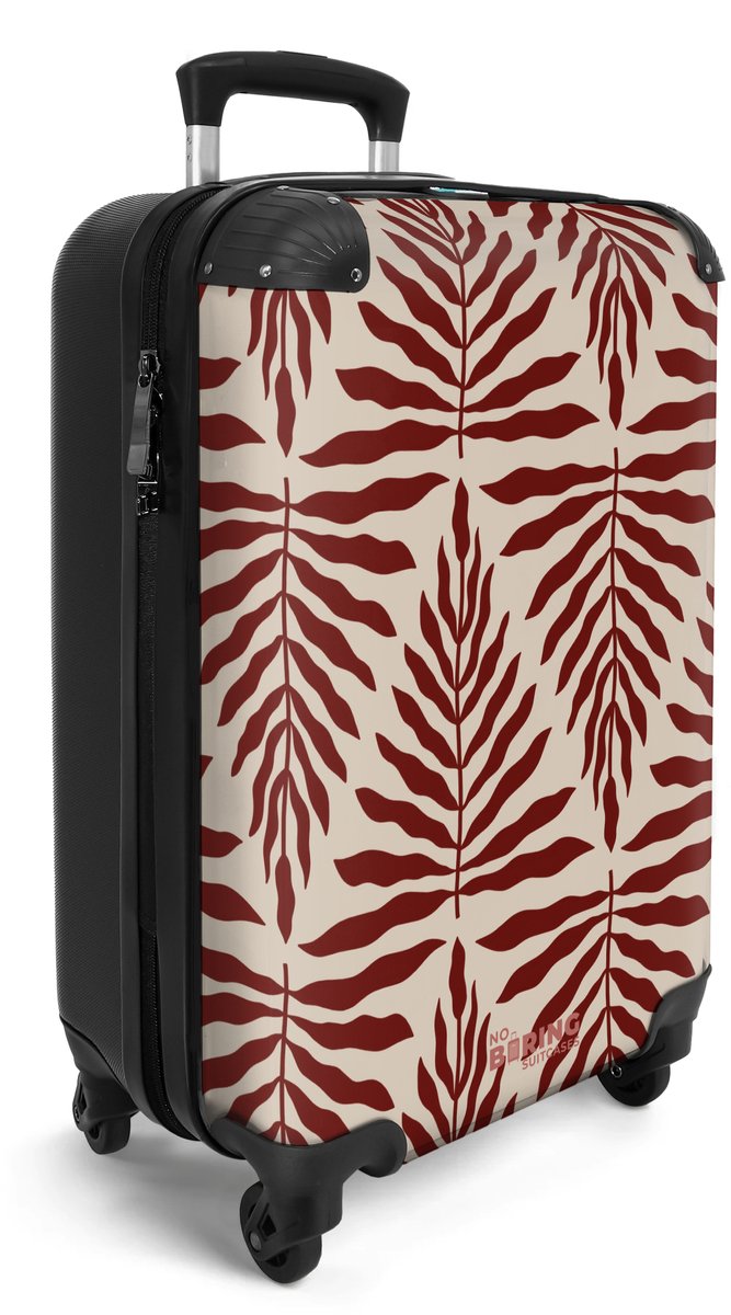 NoBoringSuitcases.com® - Handbagage koffer lichtgewicht - Reiskoffer trolley - Patroon van bladeren in beige met rood - Reis rolkoffer met wieltjes - Carry on reistrolley op wielen - Luggage suitcase - 55x40x20 en 55x35x25 - Bagage 55 cm