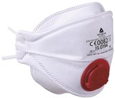 Wit FFP3-mondkapje van Delta Plus met rood ventiel en CE0082-markering.
