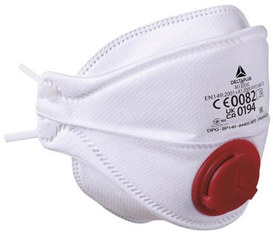 Wit FFP3-mondkapje van Delta Plus met rood ventiel en CE0082-markering.