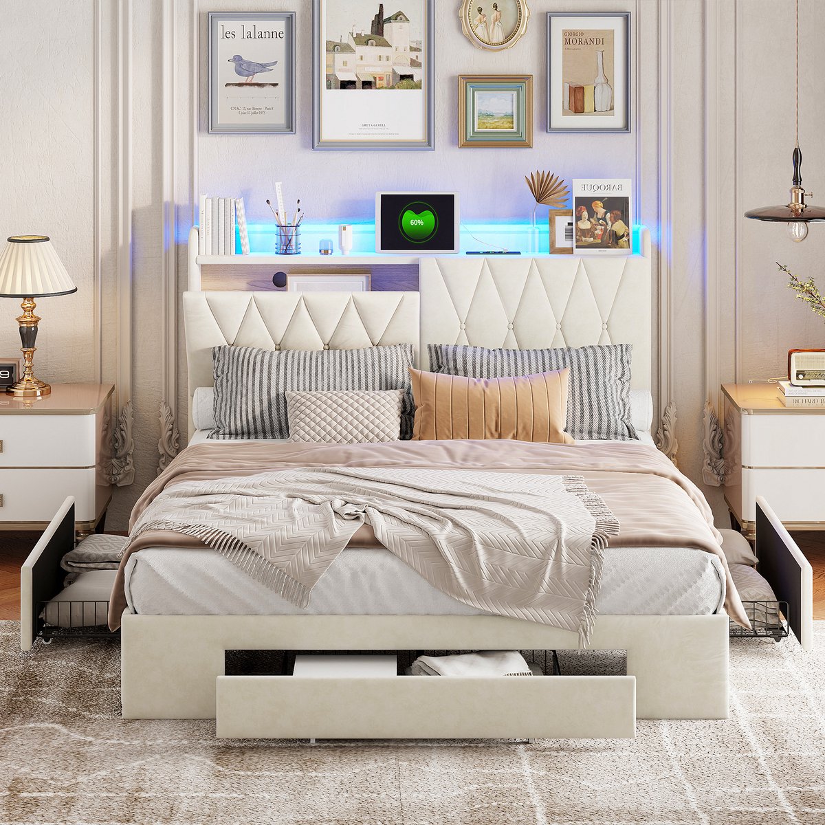 Gestoffeerd bed 140x200 cm met LED-verlichting en Stopcontacten, Jeugdbed met 3 Lades, Lattenbodem en Opberghoofdeinde, Tweepersoonsbed Volwassen Bedframe, Beige Fluweel