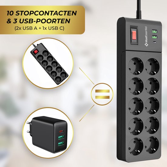 Inbouw stekkerdoos Power Desk In zwart - 2x 230V 1x USB A 1x USB C Charger 1x Keystone