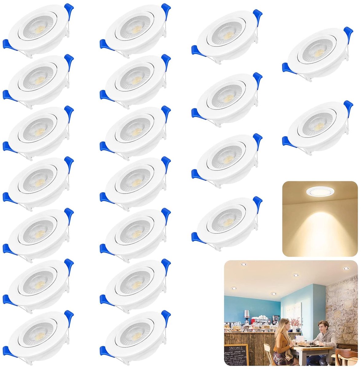 Aufun LED Inbouwspot Vlak 20x5W Warm Wit Led Inbouwspots 230V, Plafondspot IP21 voor Woonkamer, Slaapkamer, Hal, 6000-6500K
