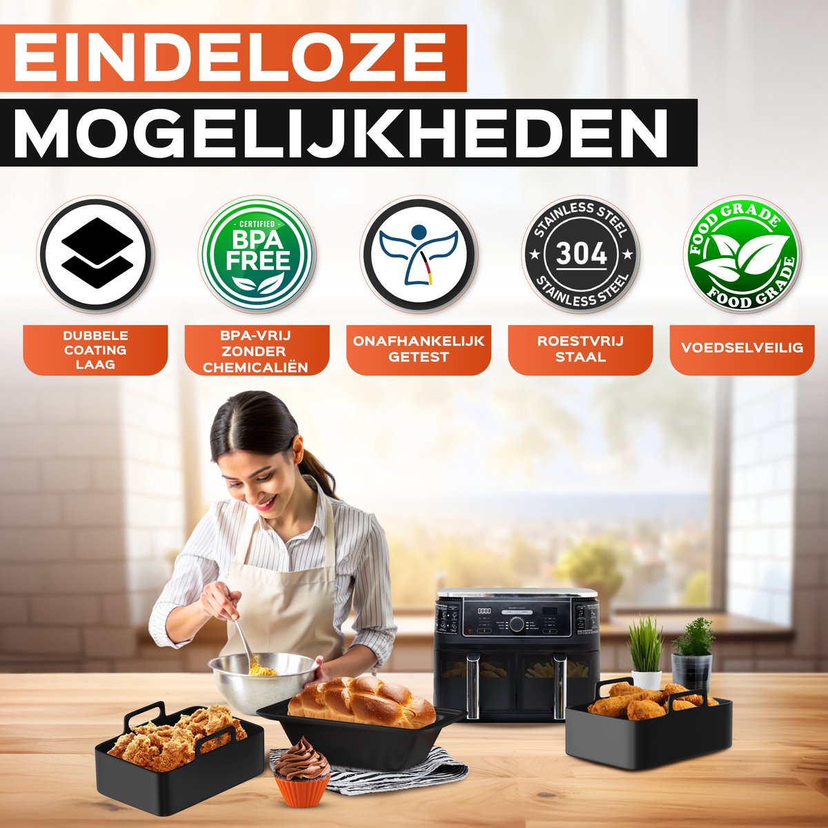 UNBOX Airfryer Accessoires - Geschikt voor Dual Airfryers - Ninja Foodi AF300 AF400 AF451 - Dubbele Airfryer - Inclusief Airfryer Siliconen Bakje & E-Book — afbeelding 7