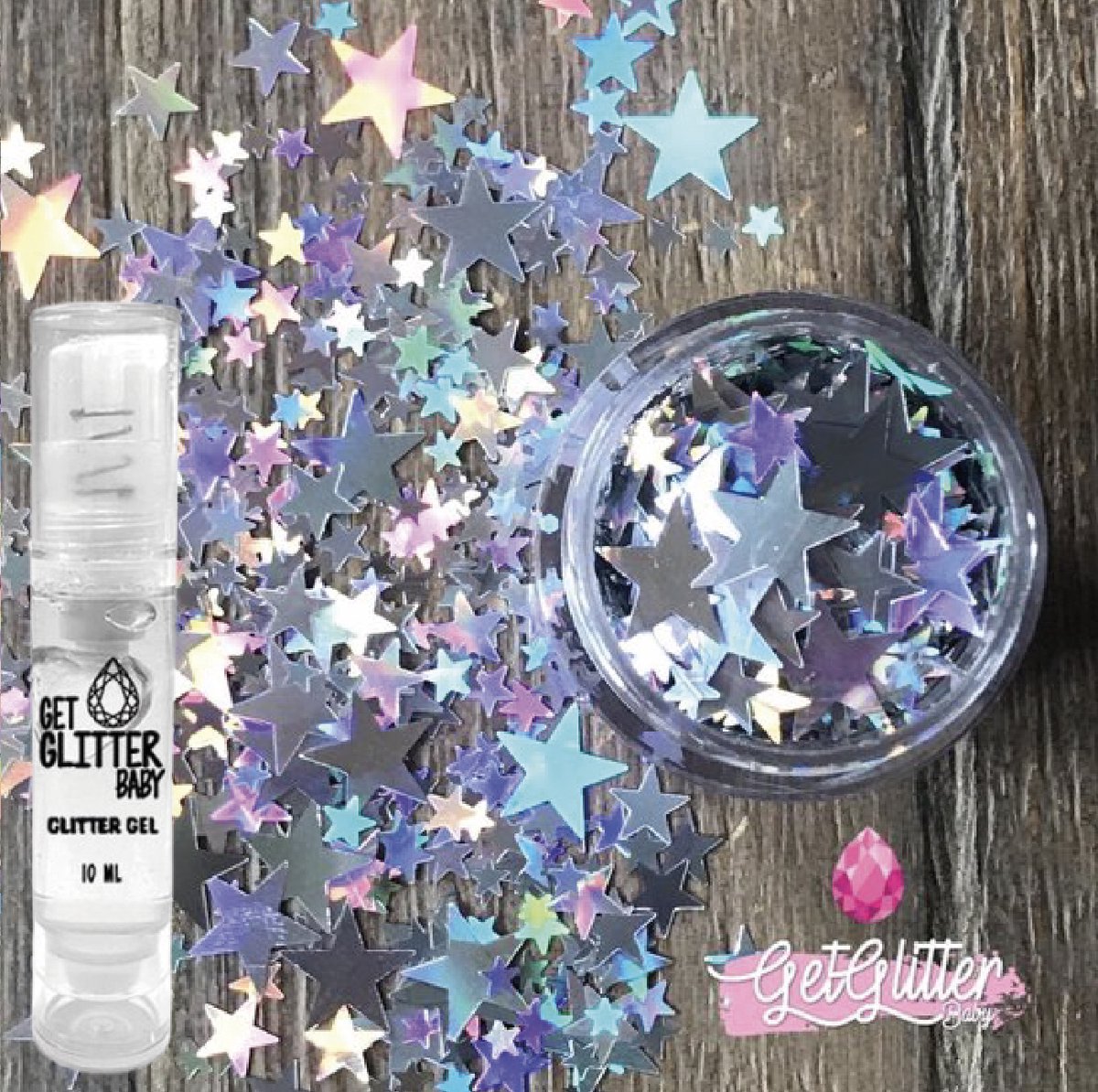 GetGlitterBaby® - Biologische / Biologisch afbreekbare Zilveren Sterren Chunky Festival Glitters voor Lichaam en Gezicht Jewels / Biodegradable Face Body Glittergel - Zilver Sterretjes en Glitter Gel Balm HuidLijm