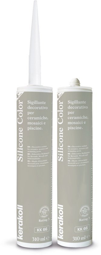 Twee tubes witte siliconenkit van Kerakoll, type Silicone Color KK 66, 310 ml.