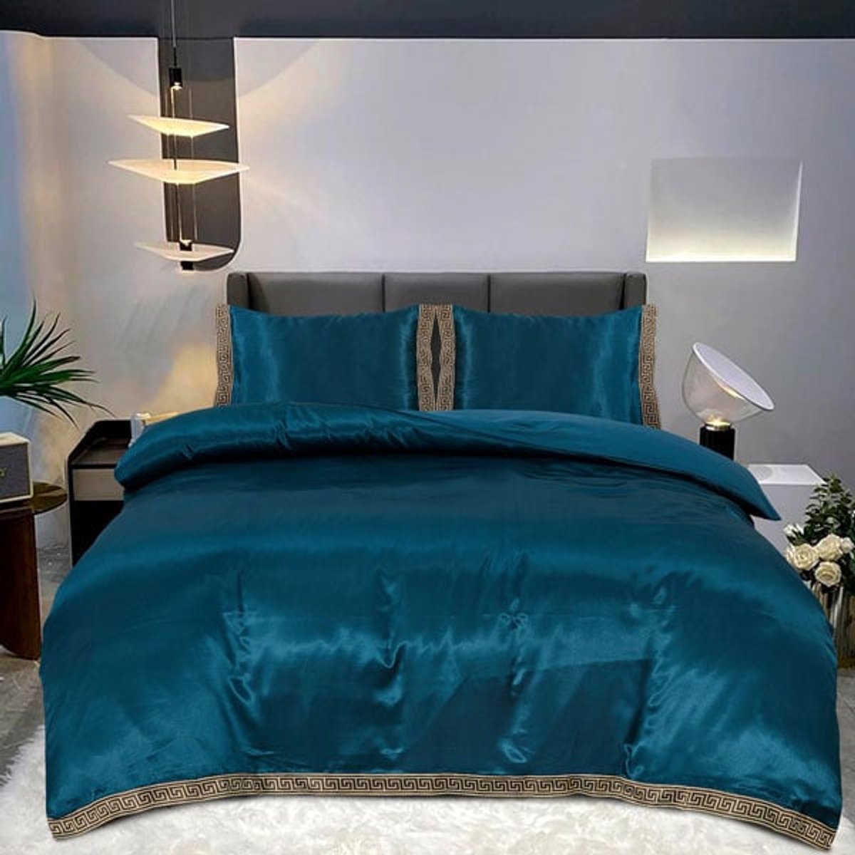 Beauty Silk Dekbedovertrek Satijn Lace Petrol Blauw 240x200/220 cm + 2 kussenslopen